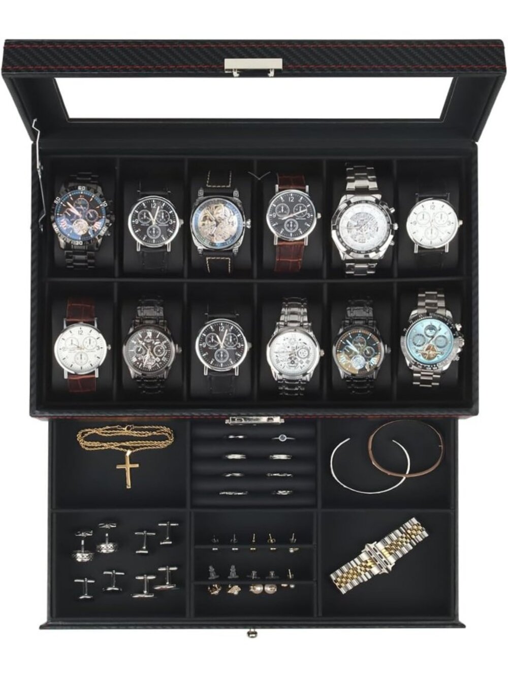 Men's 12-Slot Watch Box Organizer - Stylish 2-Layer Jewelry Storage Case - Black